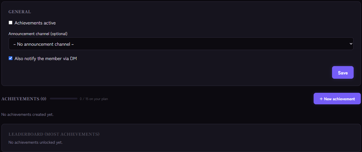 Achievements settings: announcement channel, DM option and the list of achievements