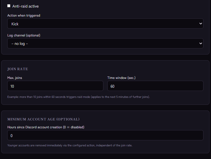 Anti-raid settings: action when triggered, join rate and minimum account age