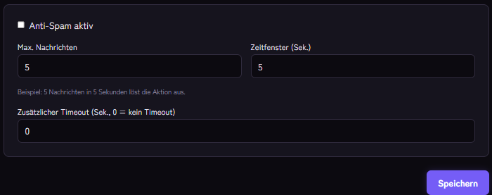 Anti-Spam-Einstellungen: maximale Nachrichten, Zeitfenster und zusätzlicher Timeout