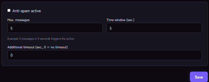 Anti-spam settings: maximum messages, time window and additional timeout