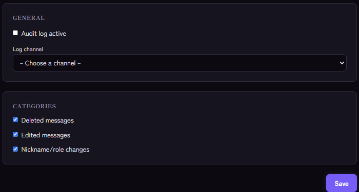 Audit log settings: log channel and categories
