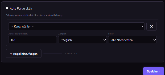 Auto-Purge-Regel: Kanal, Alter, Zeitplan und Filter
