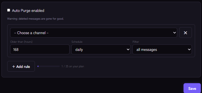 Auto purge rule: channel, age, schedule and filter