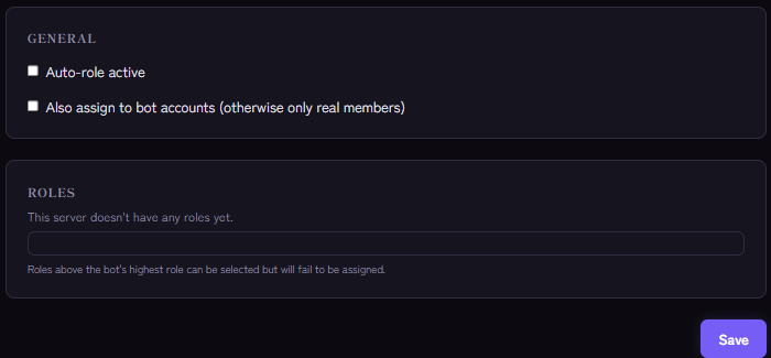 Auto-role settings: enable the module and choose roles
