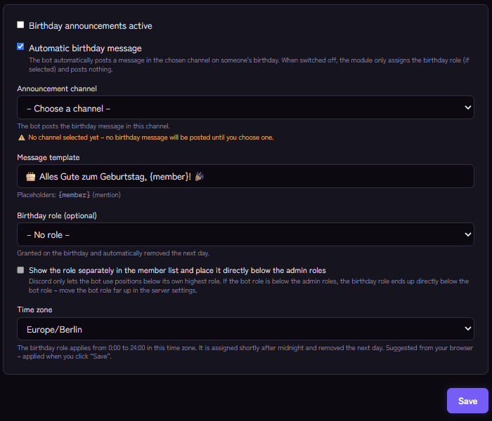 Birthday settings: announcement channel, message template, birthday role and time zone