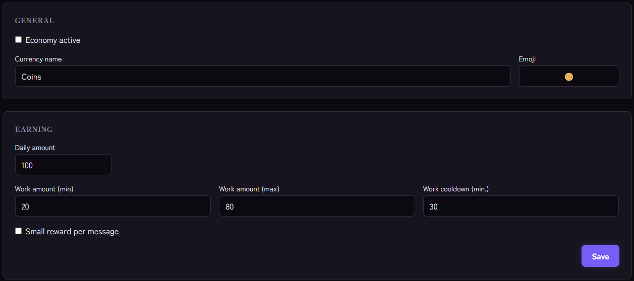 Economy settings: currency name, daily amount, work amounts and cooldown