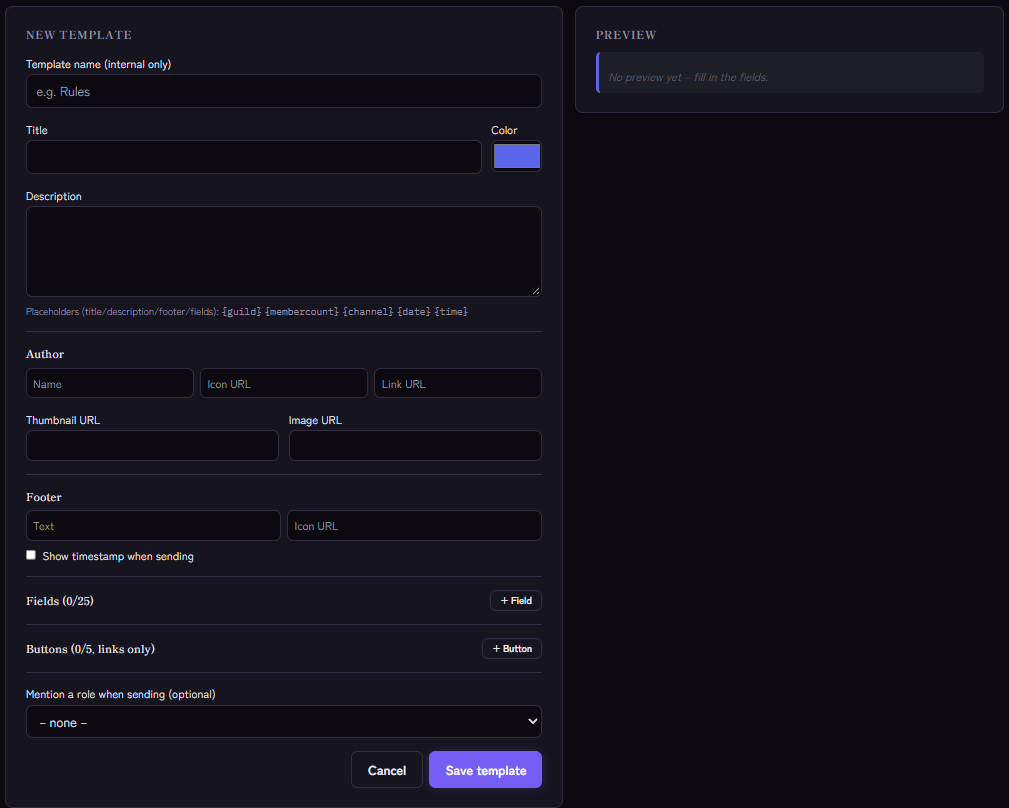 Embed editor: title, description, colour, author, footer, fields, buttons and preview
