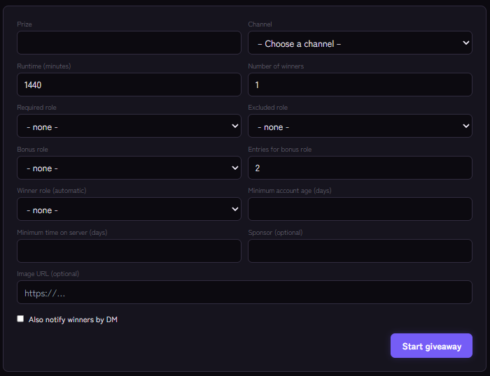 Form for starting a giveaway with prize, channel, runtime, role requirements and sponsor