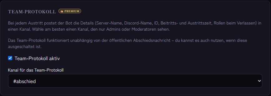 Abschnitt Team-Protokoll im Modul Abschied mit eingeschalteter Option und gewähltem Kanal