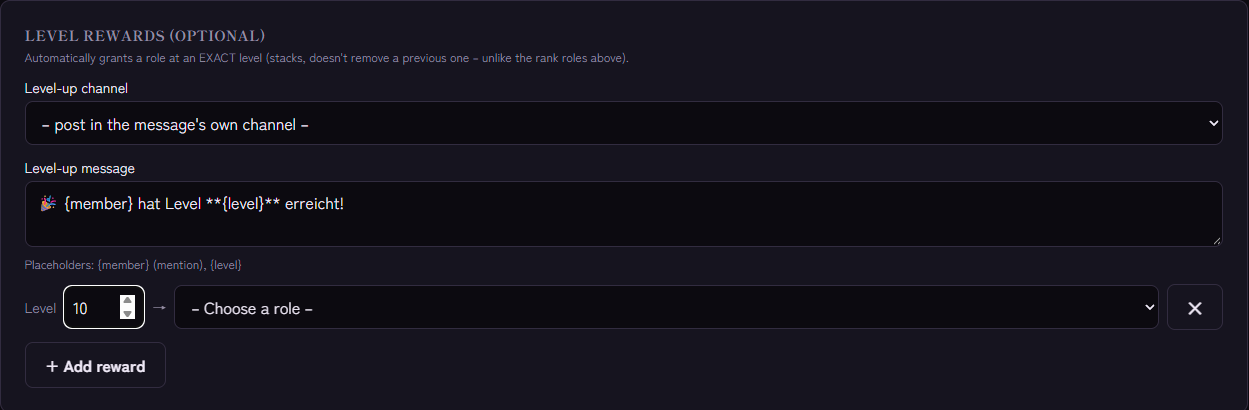Level rewards in the dashboard: level and role as a row, plus level-up message and channel