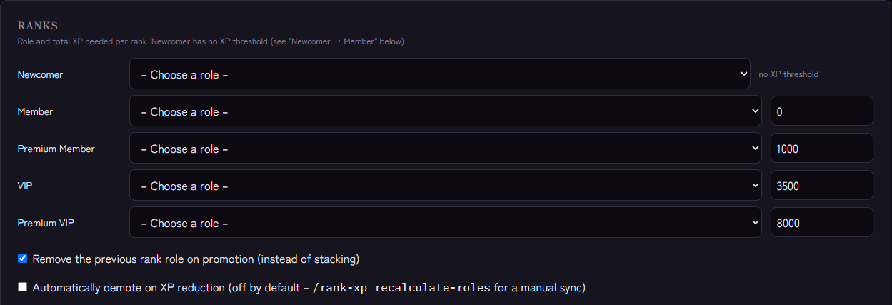 Ranks section in the Level & XP module: role and total XP needed per rank