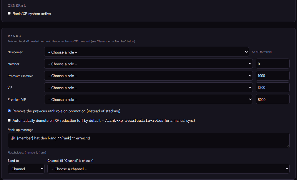 Rank and XP system settings: ranks, roles, thresholds and rank-up message