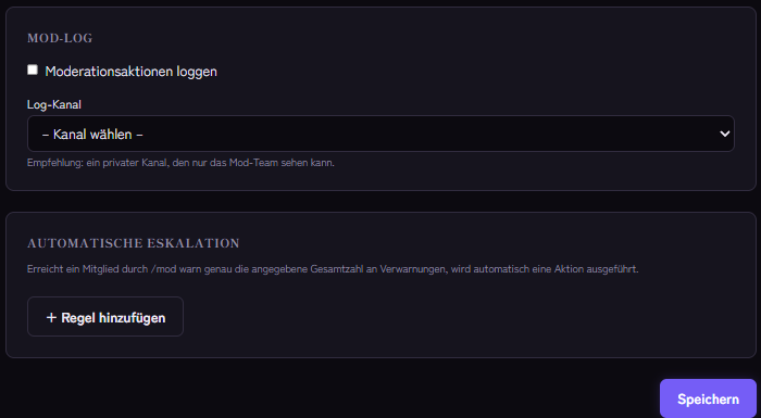 Moderations-Einstellungen: Mod-Log-Kanal und automatische Eskalation