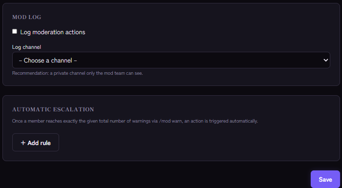 Moderation settings: mod log channel and automatic escalation
