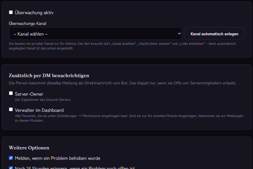 Einstellungen der Überwachung: Kanal wählen, DM an Owner und Verwalter, weitere Optionen