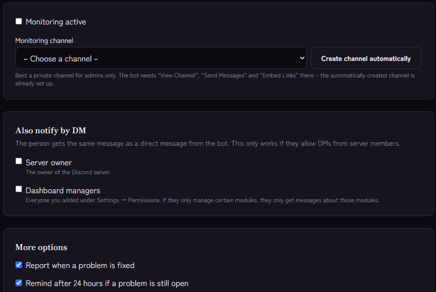 Monitoring settings: choose a channel, DMs to owner and managers, more options