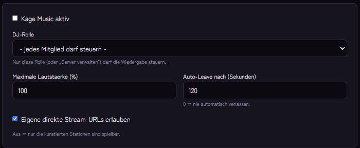 Einstellungen von Kage Music: DJ-Rolle, Lautstärke, Auto-Leave und Stream-URLs