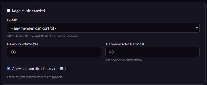 Kage Music settings: DJ role, volume, auto-leave and stream URLs