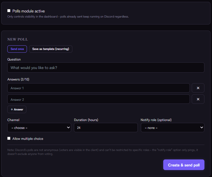 Form for a new poll with question, answers, channel, duration and notify role