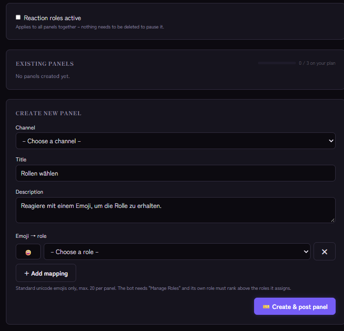 Form for a new reaction role panel with channel, title, description and emoji-to-role mapping