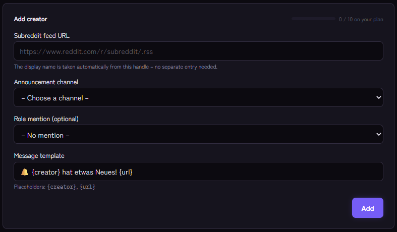 Form for adding a subreddit with feed URL, announcement channel, role and template