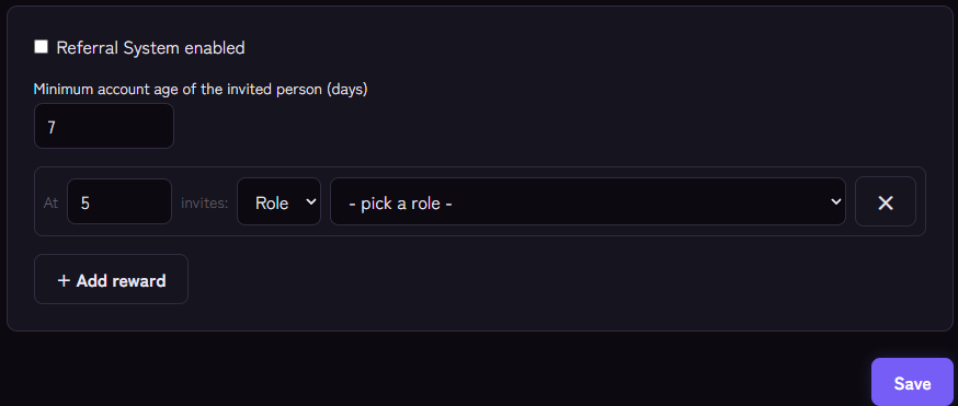 Referral System settings: minimum account age and a reward at a number of invites