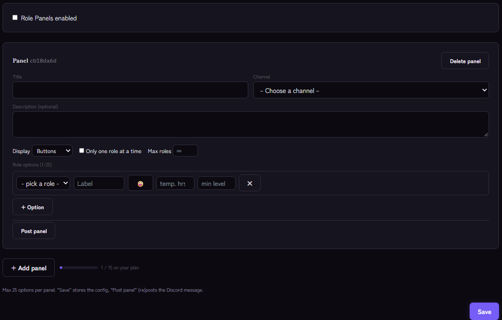A role panel with title, channel, display style and role options