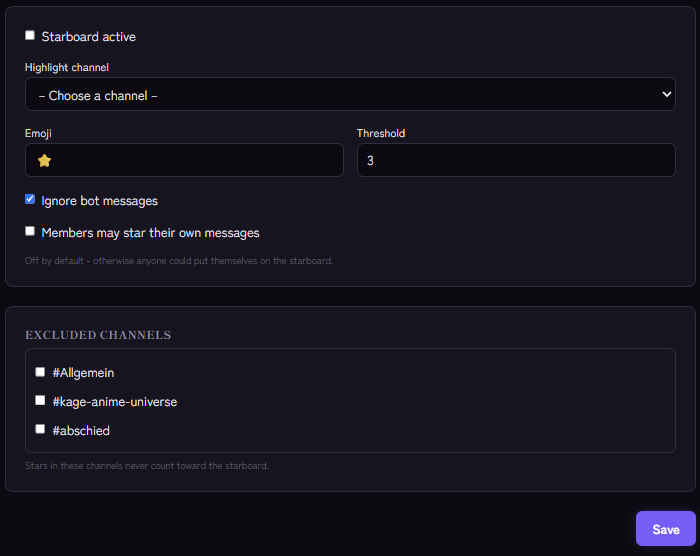 Starboard settings: highlight channel, emoji, threshold and excluded channels