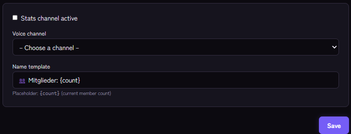 Stats channel settings: voice channel and name template with member count