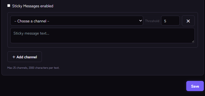 Sticky messages: channel, threshold and text of the sticky message