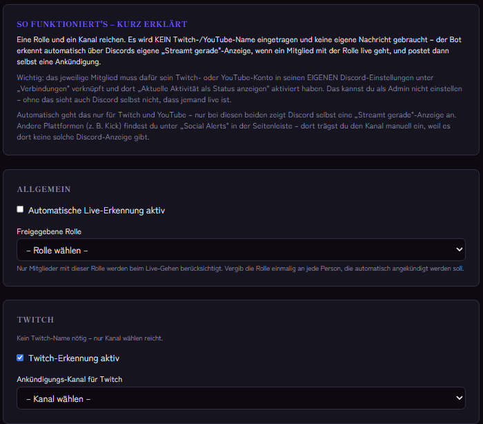 Einstellungen der Streamer-Erkennung: freigegebene Rolle und Twitch-Erkennung mit Ankündigungs-Kanal