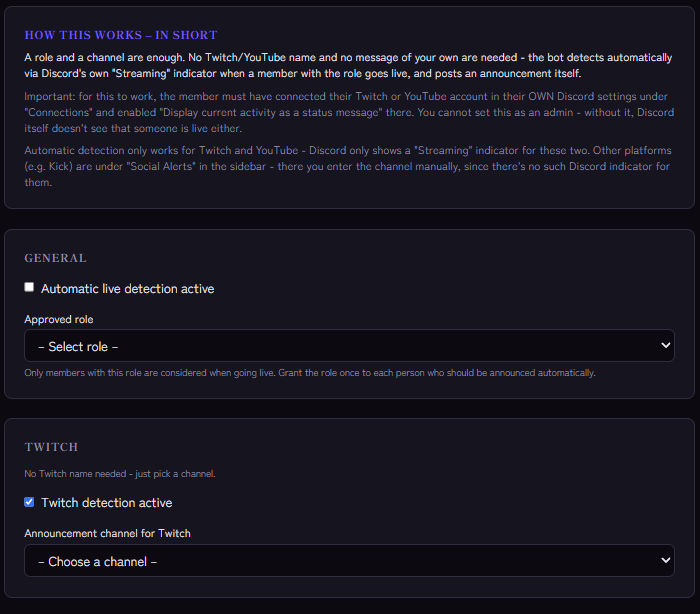 Streamer Detection settings: approved role and Twitch detection with announcement channel