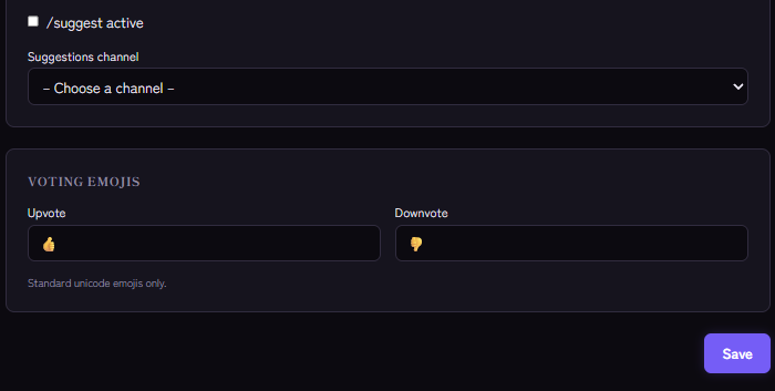 Suggestions settings: channel and voting emojis