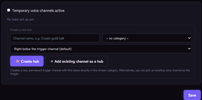 Temporary voice channel settings: create a hub or use an existing channel as hub