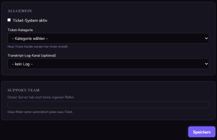 Einstellungen des Ticket-Systems: Kategorie, Transkript-Kanal und Support-Team