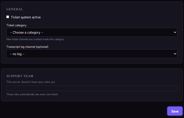 Ticket system settings: category, transcript channel and support team