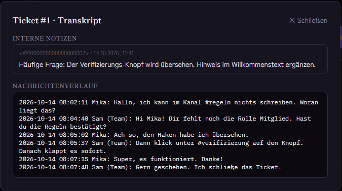 Transkript-Ansicht im Dashboard: interne Notizen und Nachrichtenverlauf eines geschlossenen Tickets