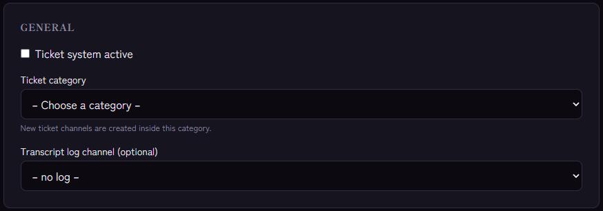 Ticket settings with the Transcript log channel (optional) dropdown