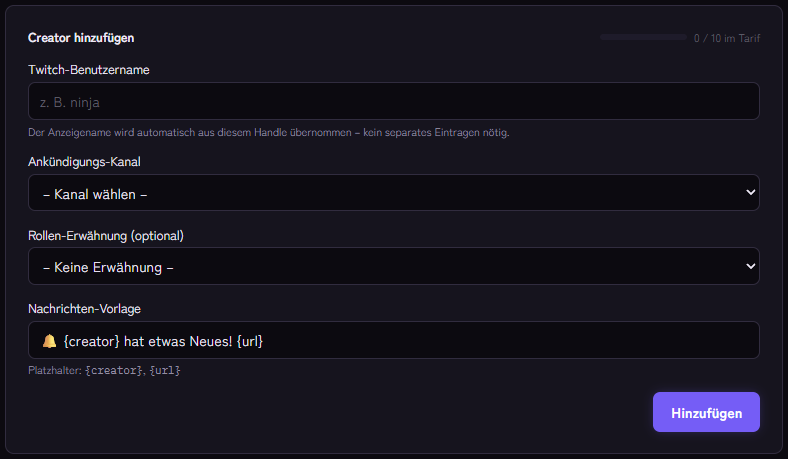 Formular zum Hinzufügen eines Twitch-Kanals mit Benutzername, Ankündigungs-Kanal, Rolle und Vorlage