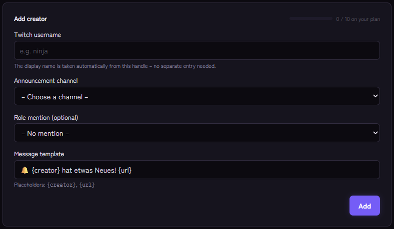 Form for adding a Twitch channel with username, announcement channel, role and template
