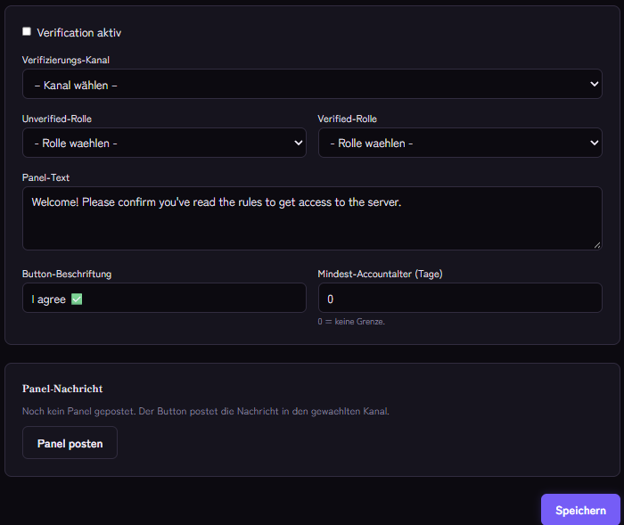 Einstellungen der Verifizierung: Kanal, Unverified- und Verified-Rolle, Panel-Text und Button