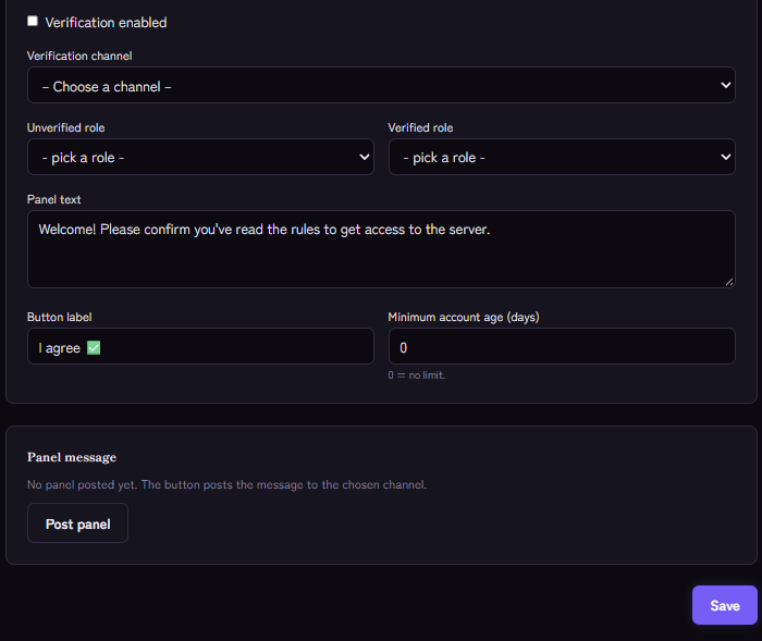 Verification settings: channel, unverified and verified role, panel text and button