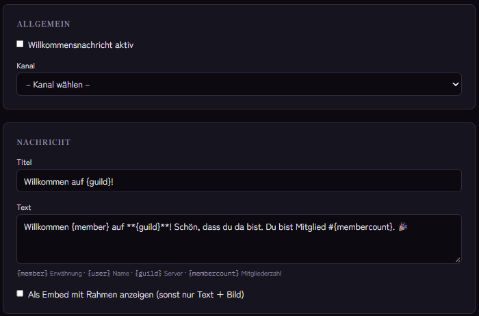 Einstellungen der Willkommensnachricht: Kanal, Titel, Text und Platzhalter