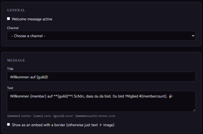 Welcome message settings: channel, title, text and placeholders