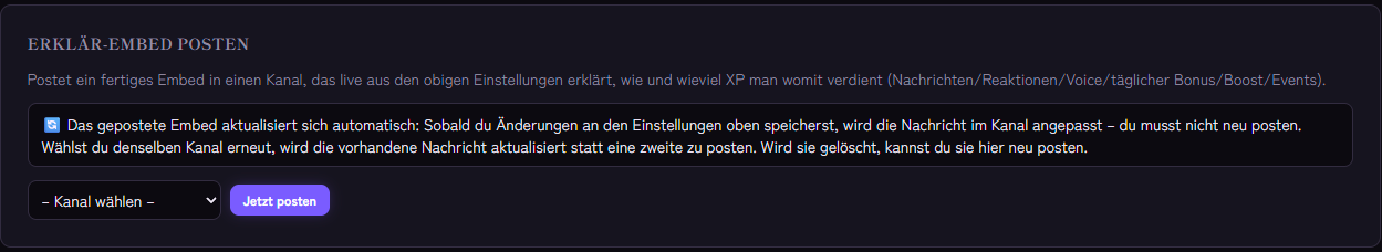 Abschnitt Erklär-Embed posten im Modul Level & XP, um das Info-Panel in einen Kanal zu senden