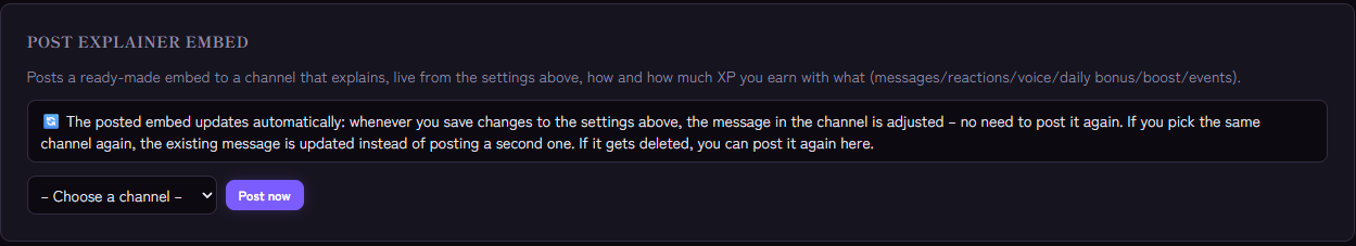 Post explainer embed section in the Level & XP module for sending the info panel to a channel