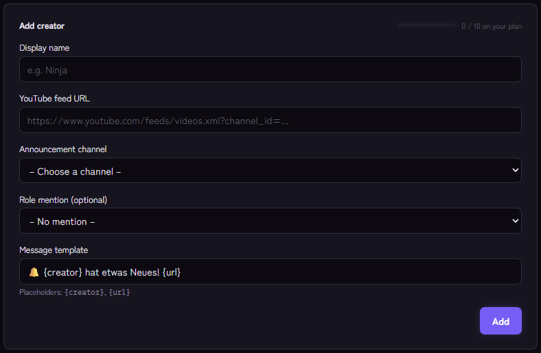 Form for adding a YouTube channel with feed URL, announcement channel, role and template